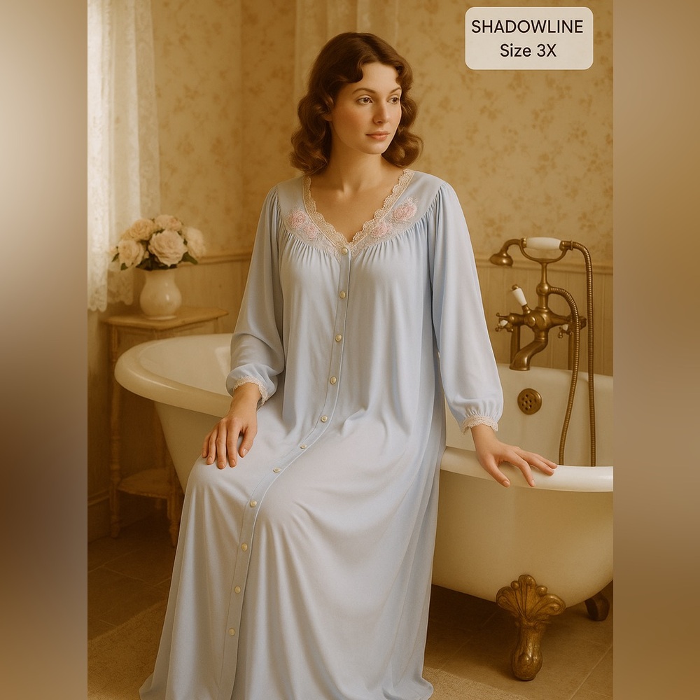 Vintage Shadowline Blue Nylon Robe 3X Rose Embroidery